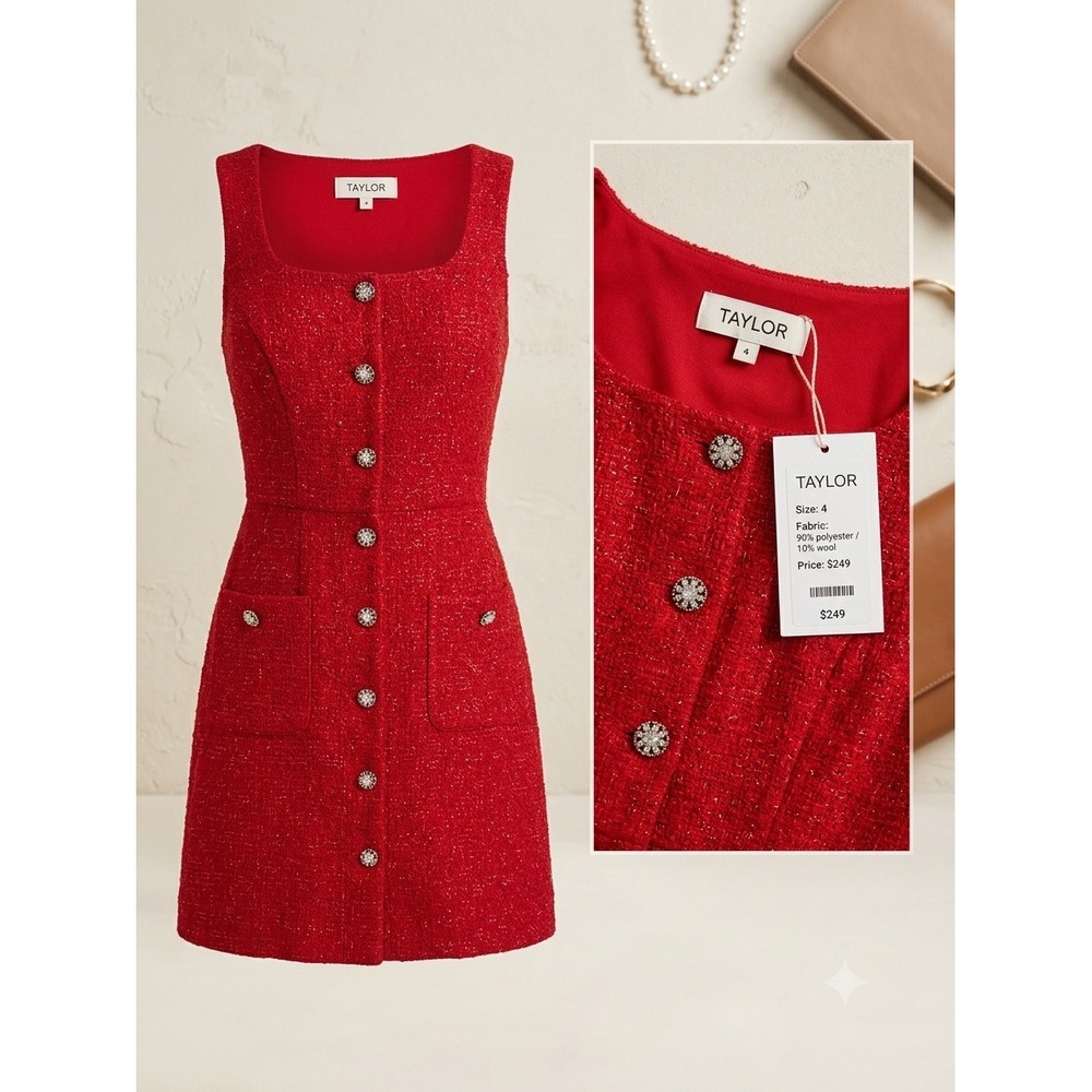 Taylor Red Metallic Tweed Button Front Sleeveless Dress 4186MMX Size 4 NWT